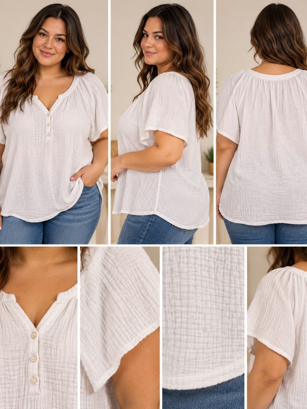 4OUR DREAMERS White Cotton Gauze Henley Top – Size 2X